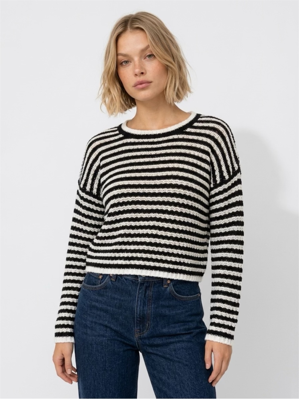 Derek Heart Black and White Striped Crewneck Sweater